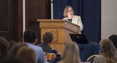 Provost Ann E. Cudd talks to new faculty