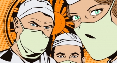 Three doctors in cartoon style