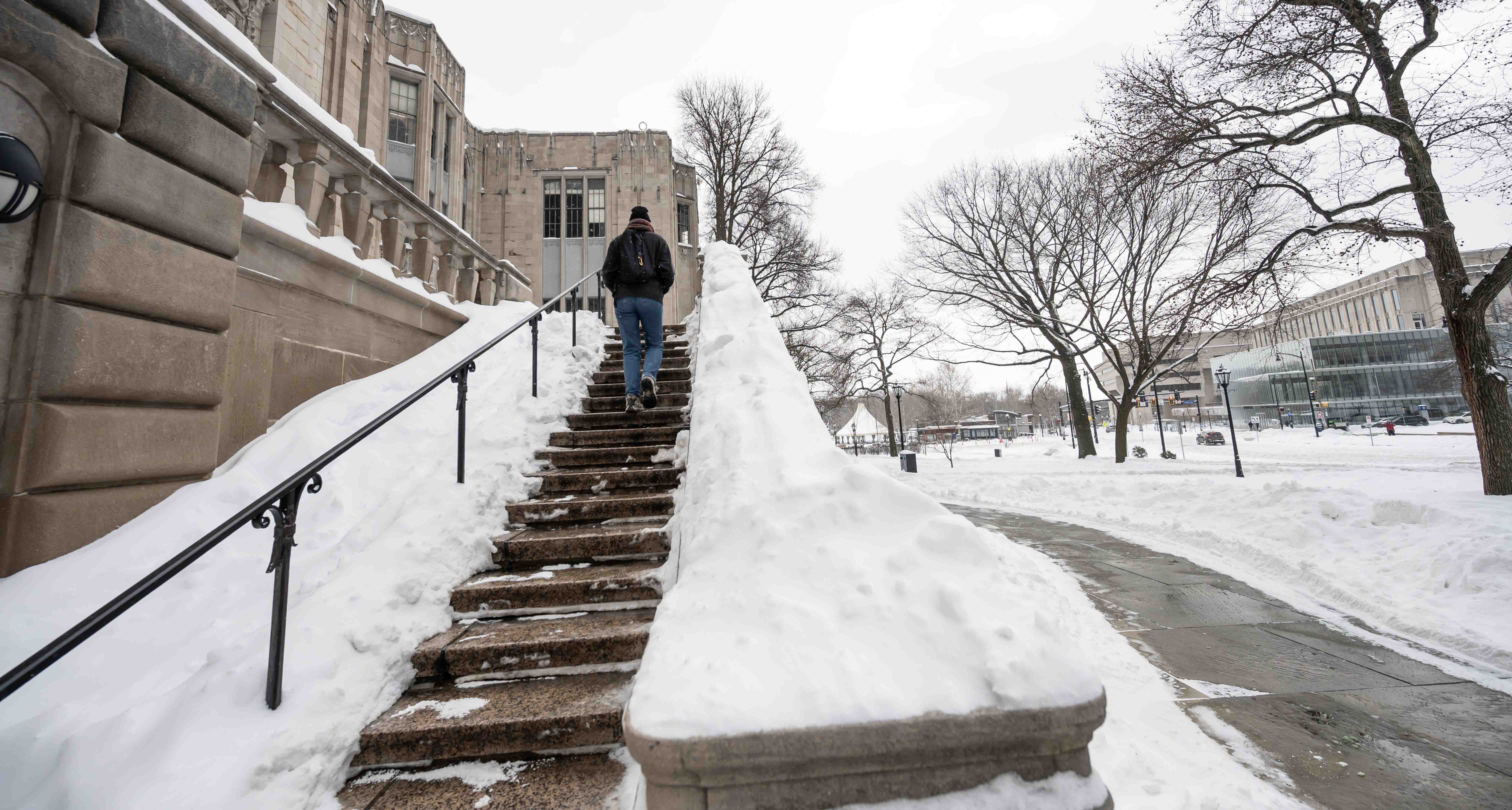 There are more than 2,000 steps on the Oakland campus that had to be cleared, along with 32 miles of sidewalks. Steps near Cathedral