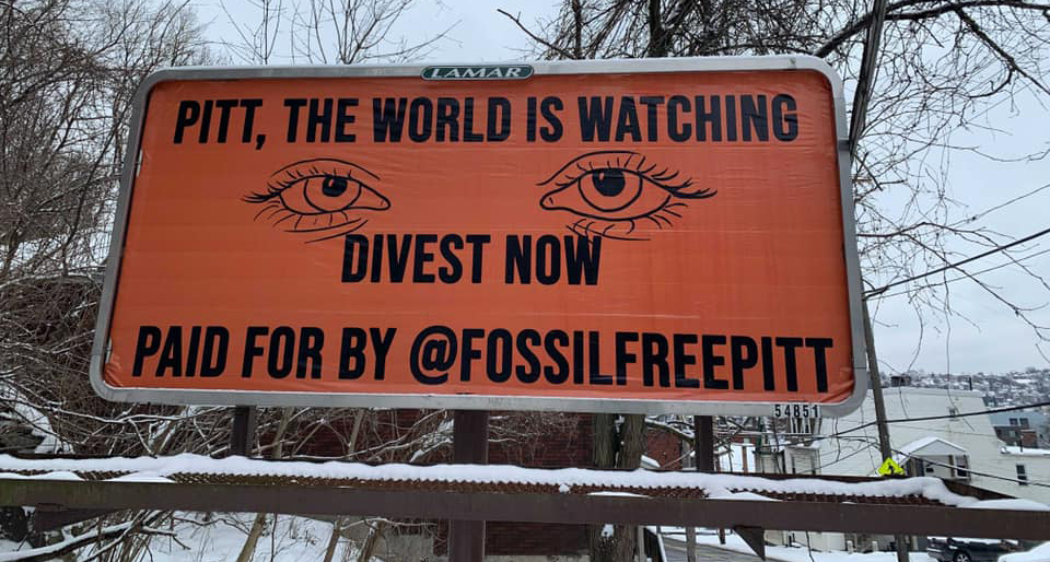 Billboard urging Pitt to divest