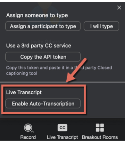 Screen shot of how to start auto transcribe in Zoom