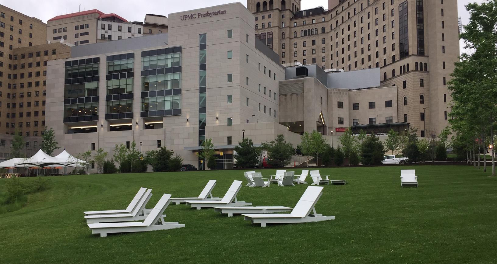Chairs outside UPMC Presby