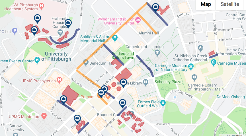 Street parking will be restricted in several areas during Arrival Survival. BLUE shows the unloading zones. GOLD is designated as long-term parking for parents after unloading their students. (From arrival.pitt.edu) Map showing parking restrictions during Arrival Survival