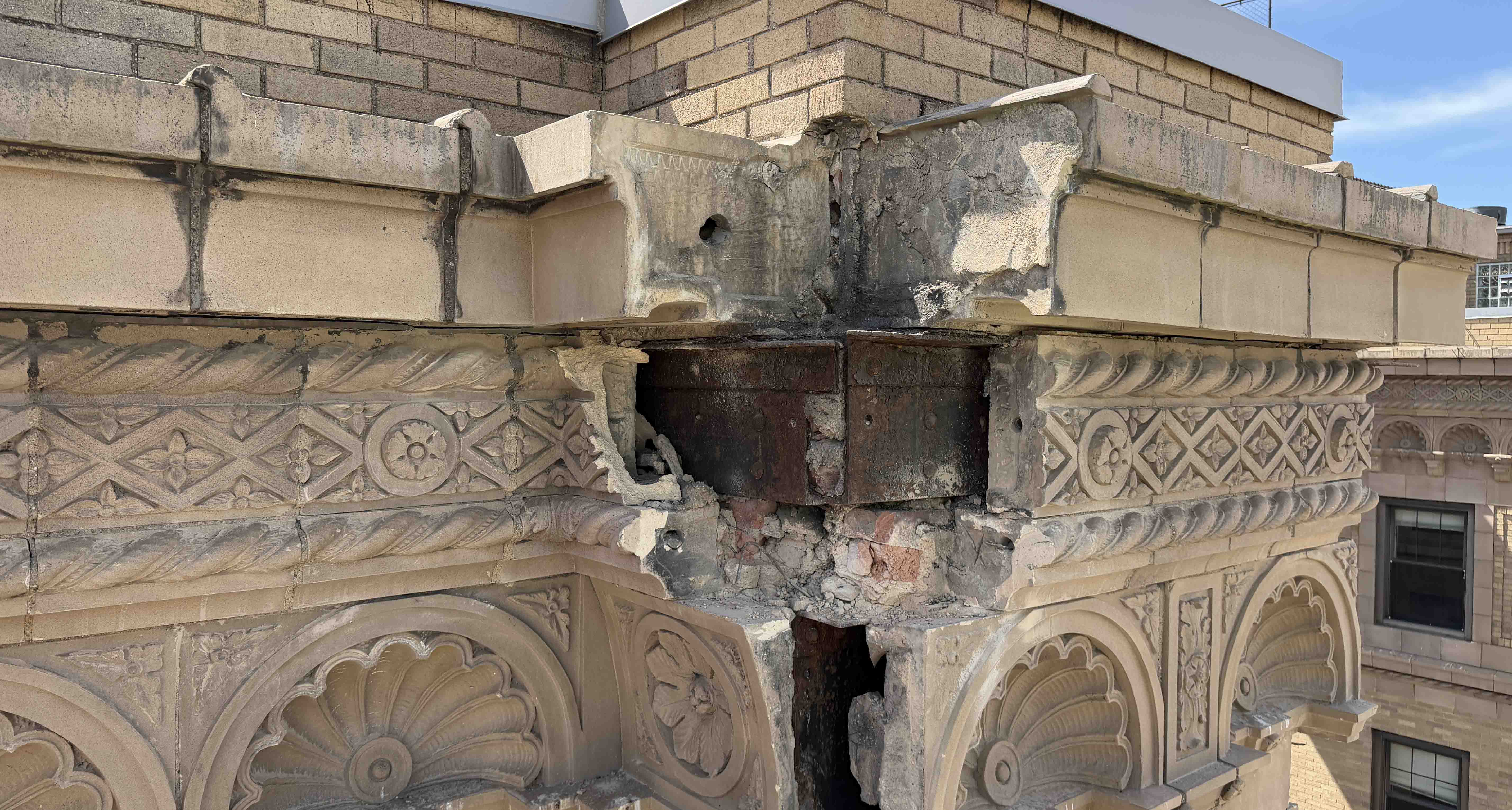 Work to repair deteriorated terra cotta cornices on Schenley Quad is set to be completed by the end of summer.