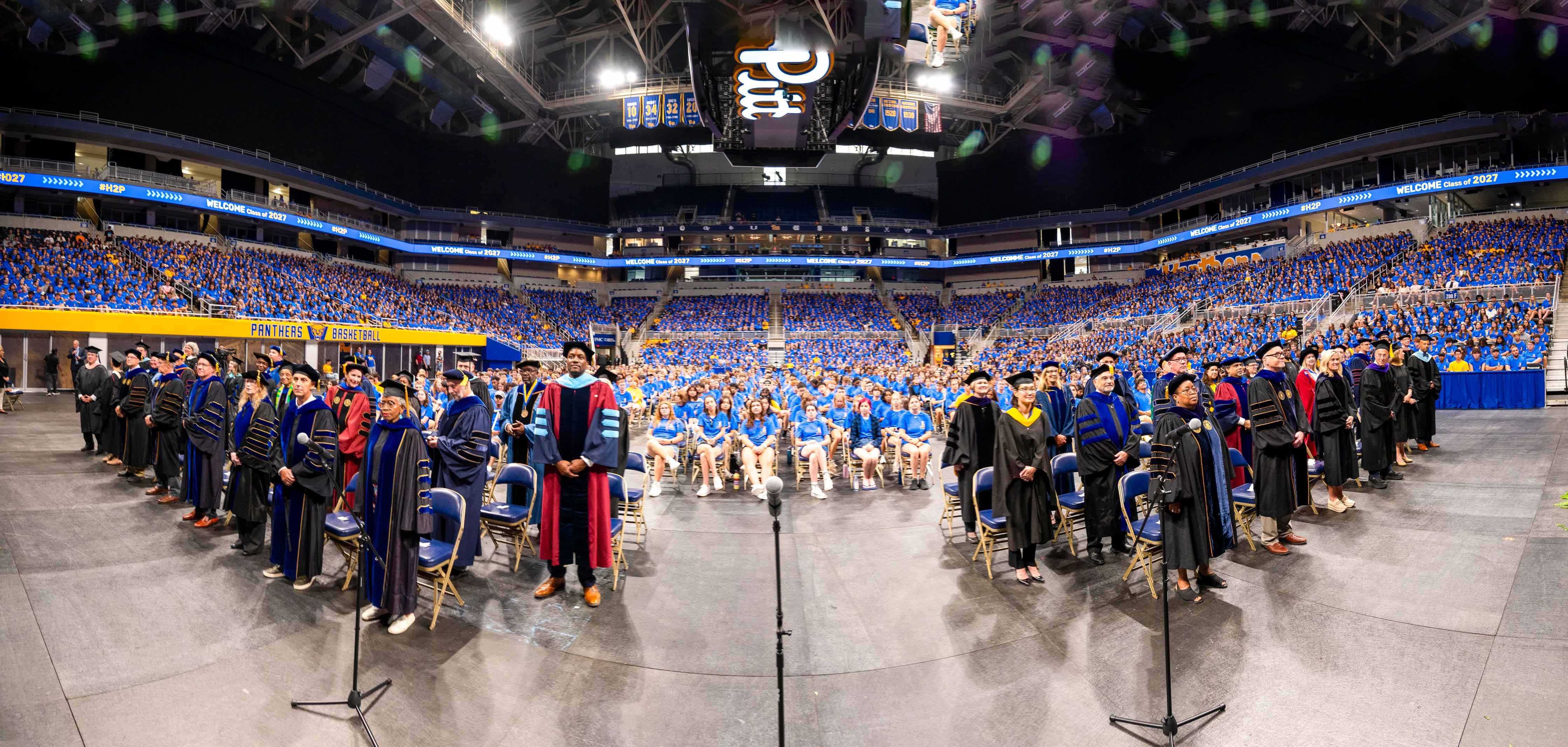 The nearly 5,100 new undergraduate students at this year's convocation included 4,500 first-year and 600 transfer students. (Tom Altany | University of Pittsburgh) Panorama of student convocation