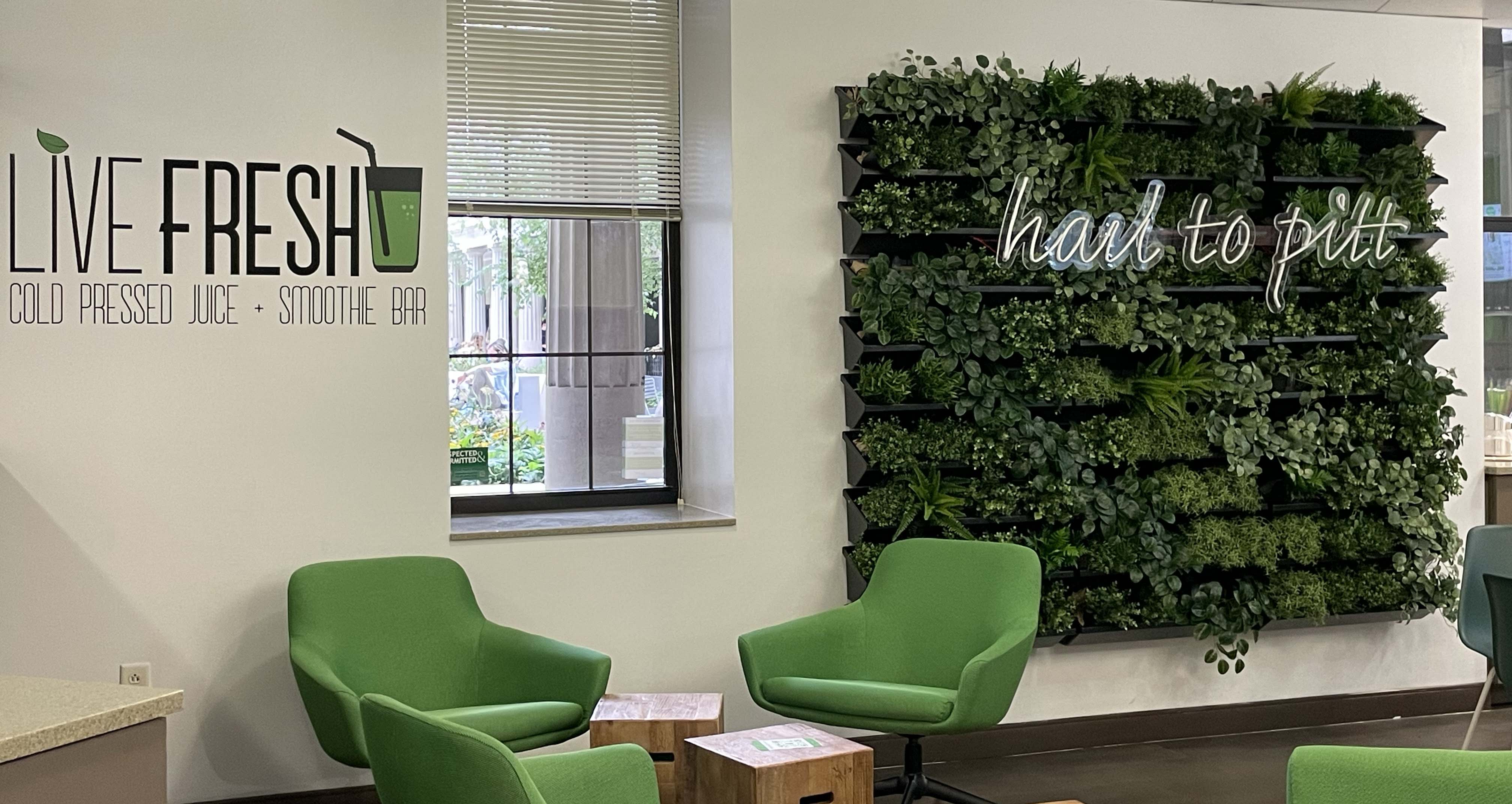 The wall near the Live Fresh juice bar in the University Store on Fifth will soon be filled with live plants. For now, plastic substitutes are in place. Wall at Live Fresh Juice Bar in the University Store