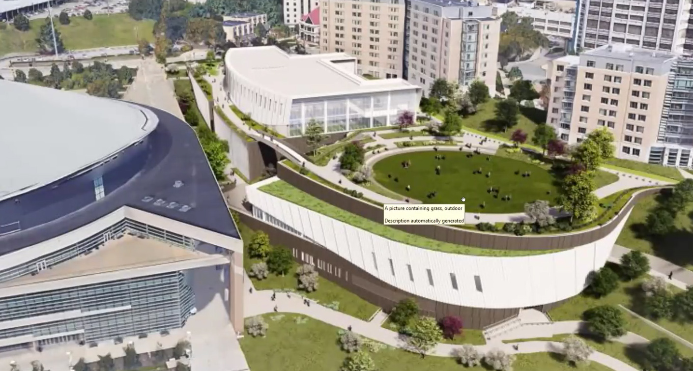 The Arena and Sports Performance Center planned for the bowl next to Petersen Events Center will have two levels. The lower level will have a green roof. Arena and sports performance center rendering