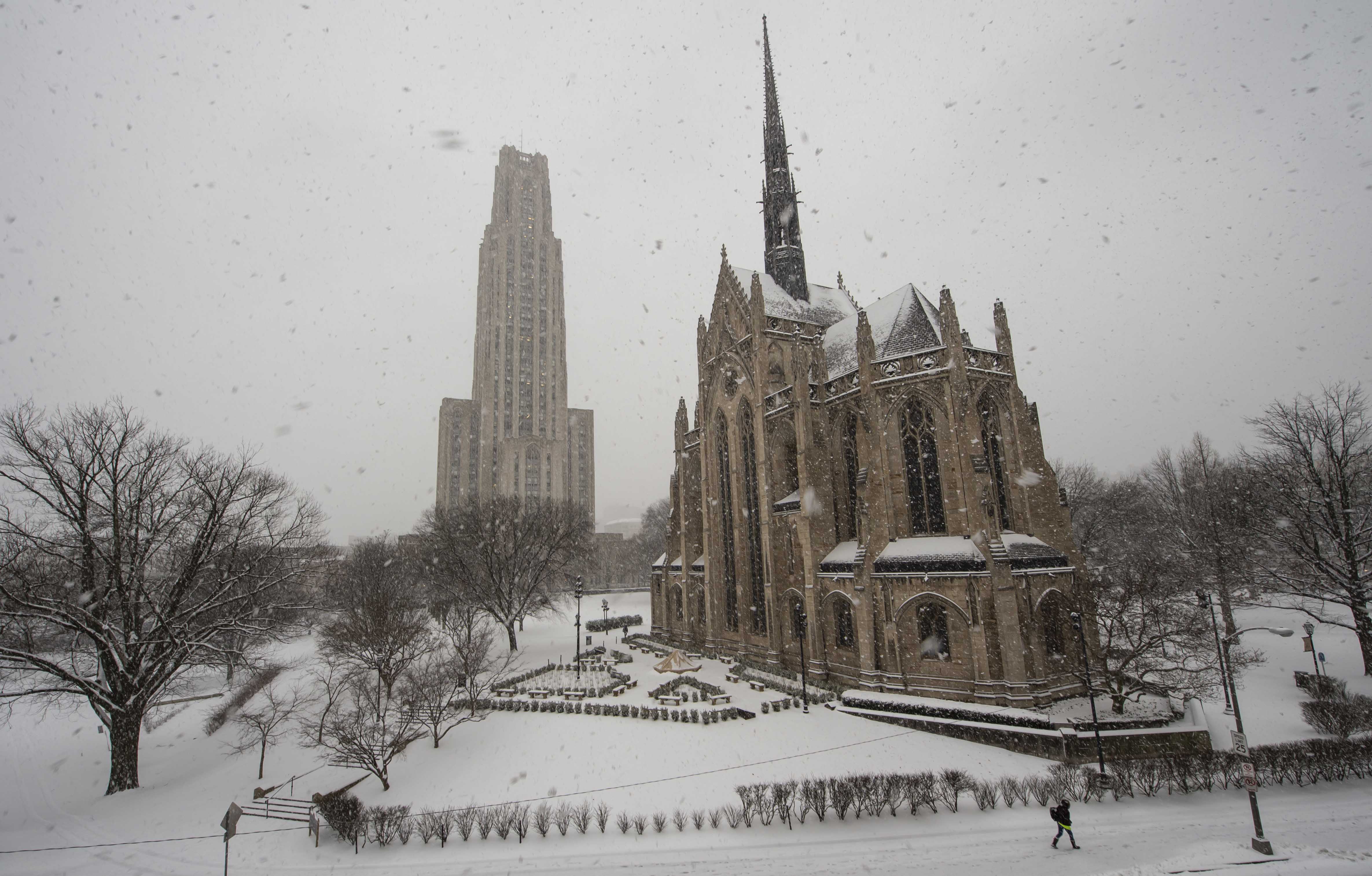 Snowy scene with Cathedral and Heinz Chapel