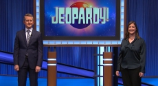 Jeopardy host Ken Jennings and Ally Bove
