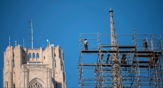 Scaffolding on Heinz Chapel spire and Cathedral of Learning