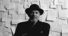 August Wilson in front of wall of notes