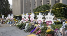 Memorials to the dead outside Tree of Life synagogue last year