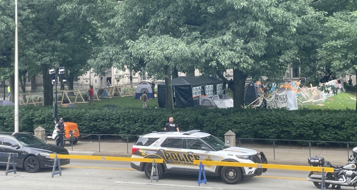 View of protest camp from across fifth avenue