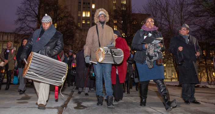 People marching with drums