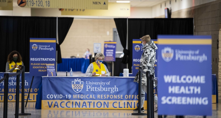 Check-in desk at vaccination clinic